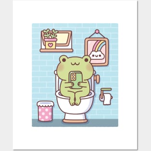 Cute Frog Chilling On Toilet Bowl Posters and Art